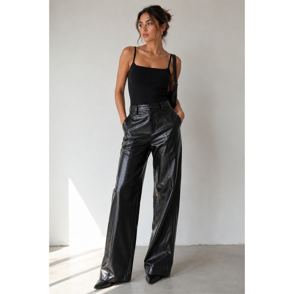 Unbranded Faux Leather Pants Women Size M Black Wide Leg High Waist Vegan Edgy